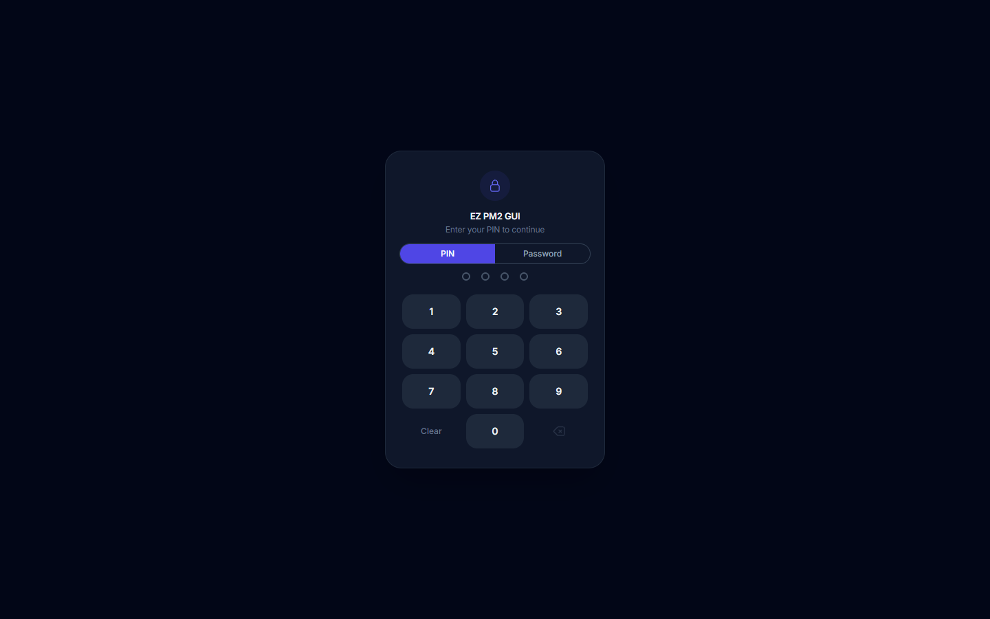 EZ PM2 GUI lock screen with PIN keypad