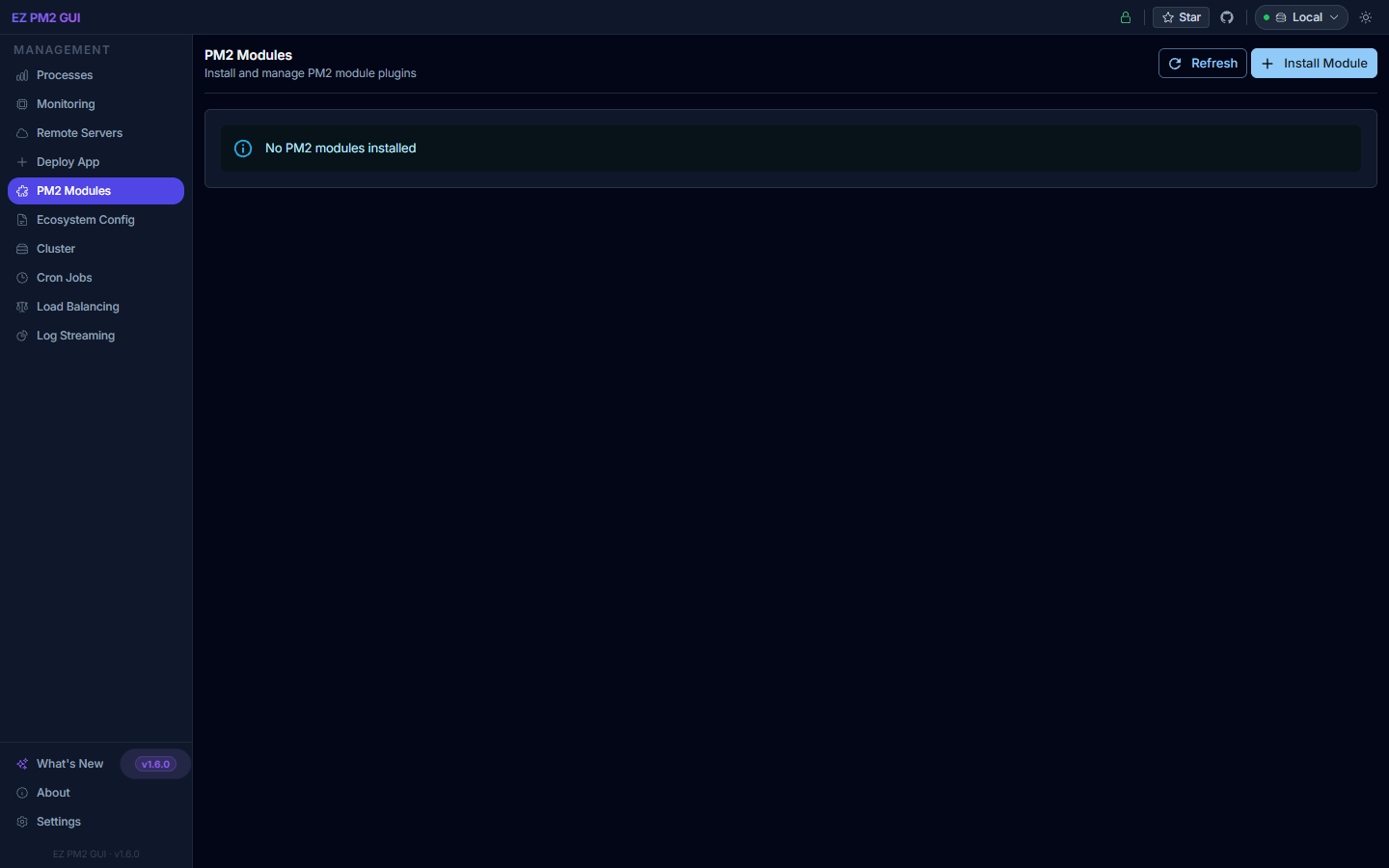 PM2 Modules management page