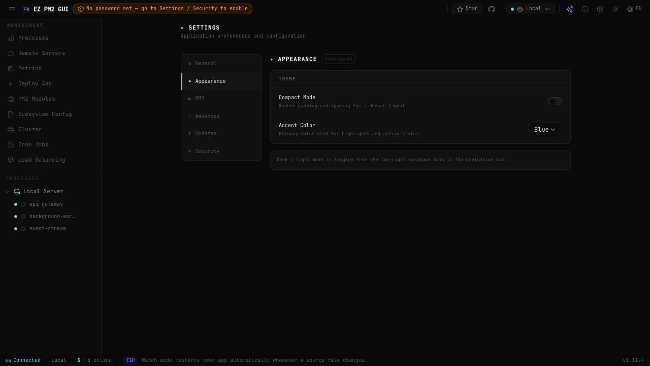 Appearance controls for compact mode and accent colour.