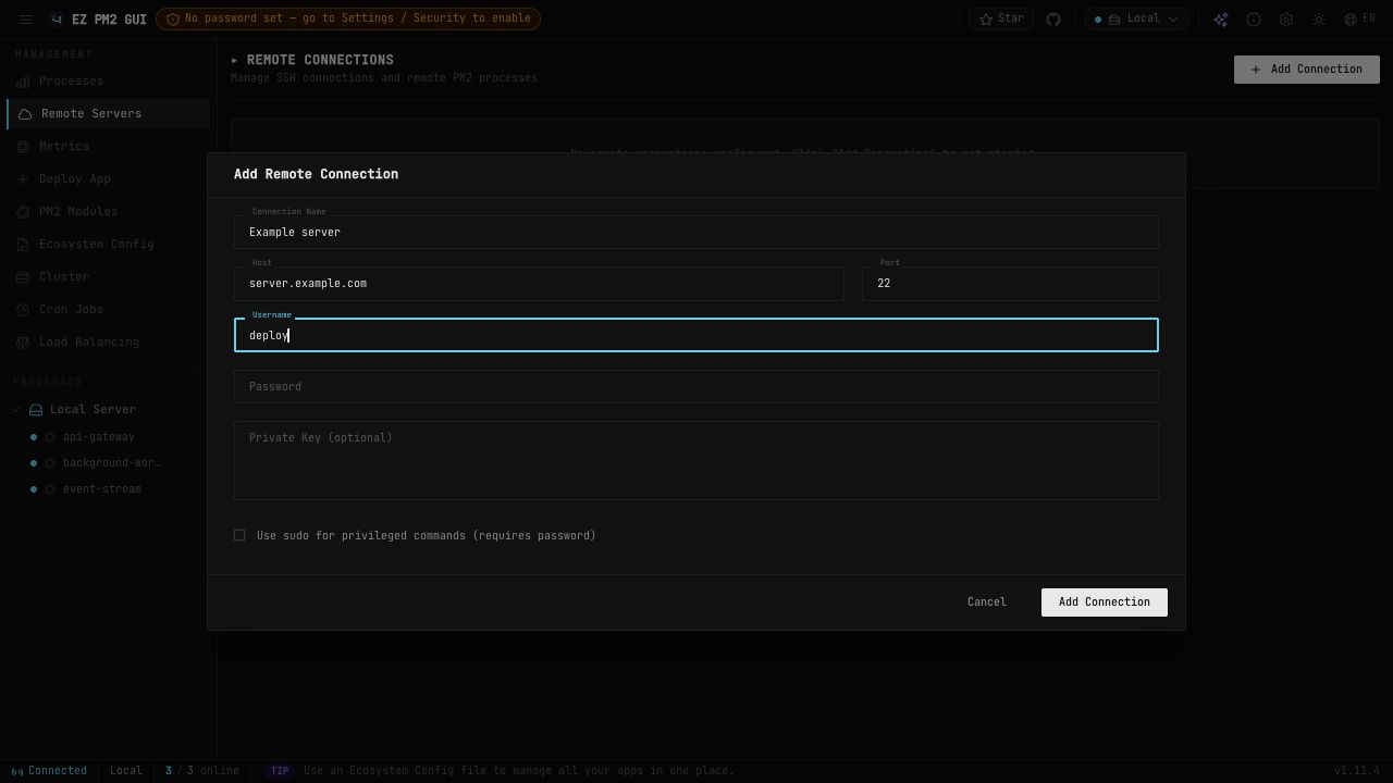 Add Remote Connection with example host details; no credentials entered or connection submitted.